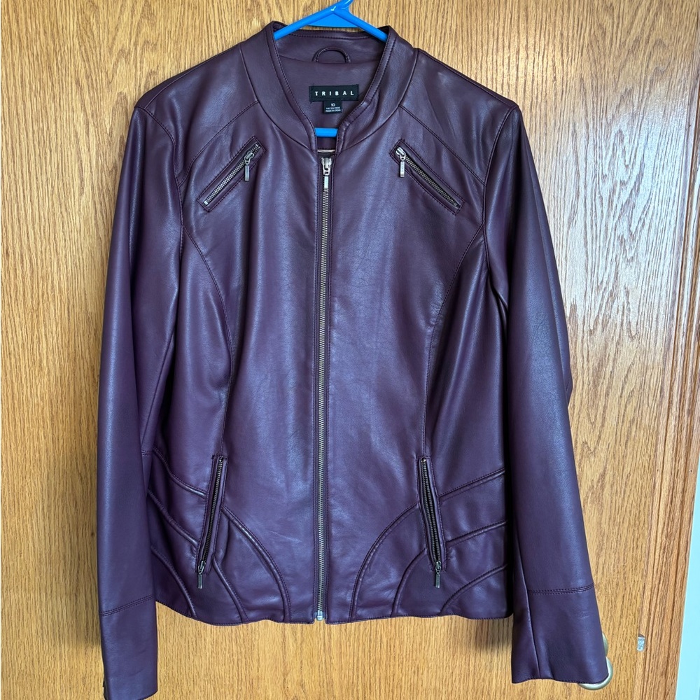 Tribal Purple Leather Jacket with Sporty Design and Fitted Silhouette